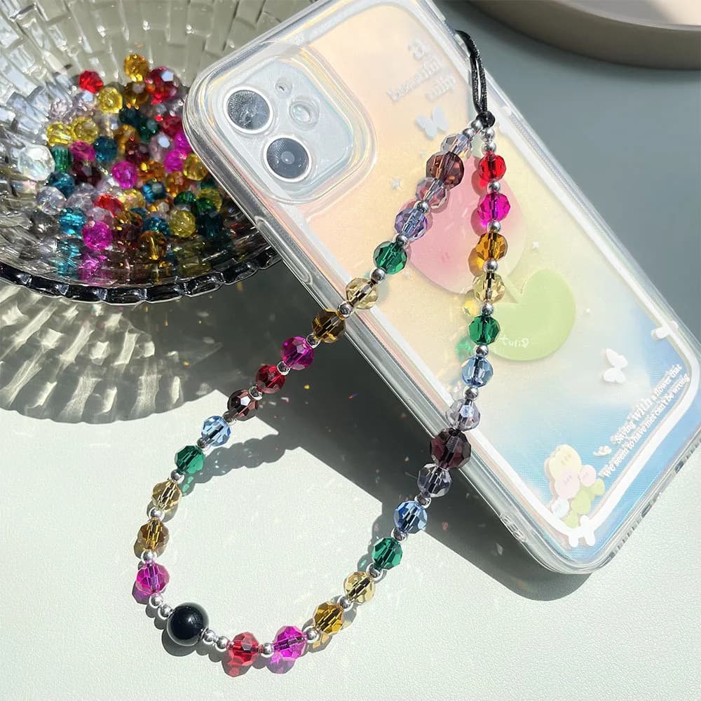 JOfor-Lanière de Téléphone Portable en Perles de Clip à Facettes Arc-en-Ciel, Breloque Colorée, Fabr