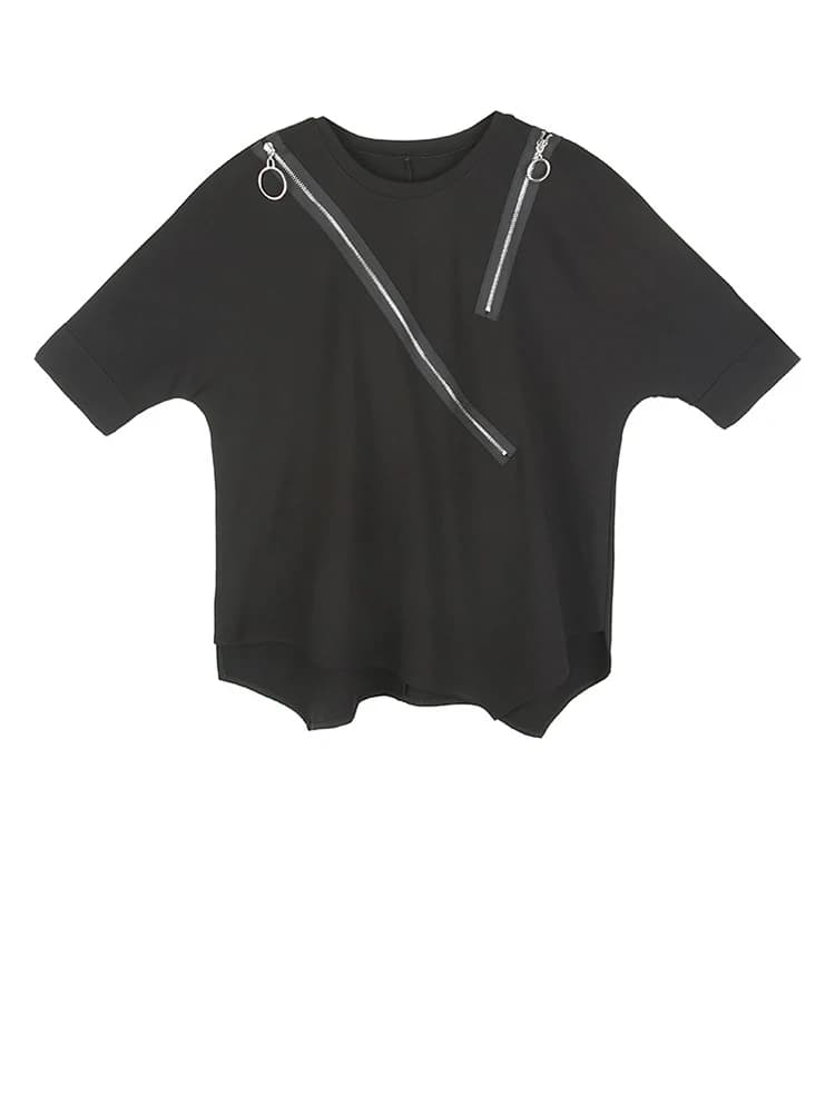 EAM femmes noir asymétrique Sittch grande taille T-shirt nouveau col rond à manches longues mode mar