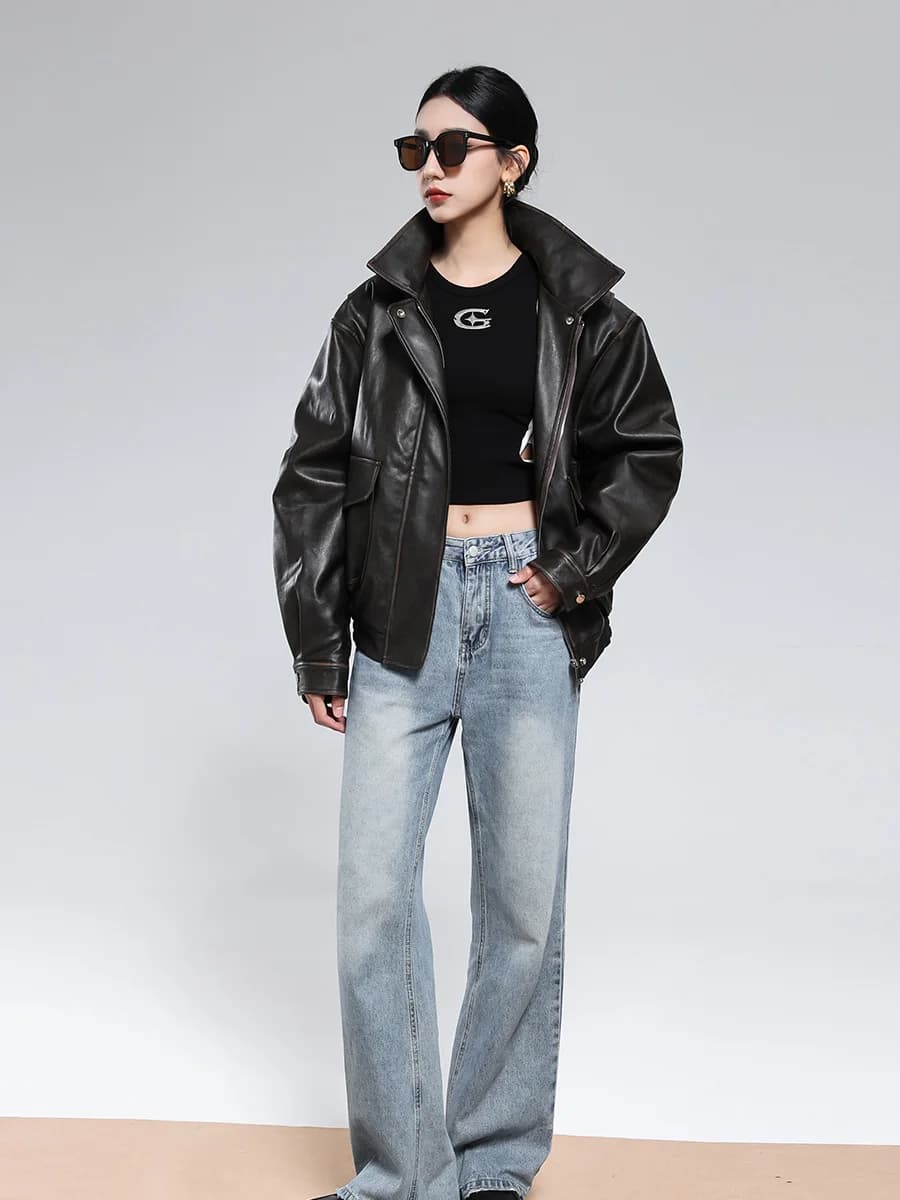 Nerazzurri automne Cool court Vintage en détresse marron Pu veste en cuir femmes col rabattu fermetu