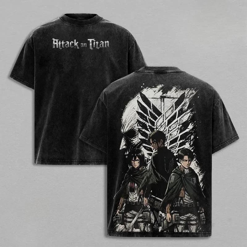 T-shirt imprimé Attack On Titan Levi Eren Mikasa pour hommes et femmes, t-shirts en coton lavé, t-sh