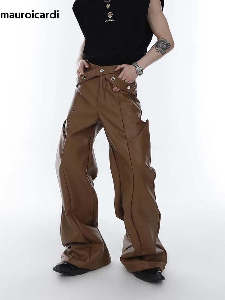 Mauroicardi printemps automne longue ample décontracté marron noir Pu cuir pantalon hommes de luxe v