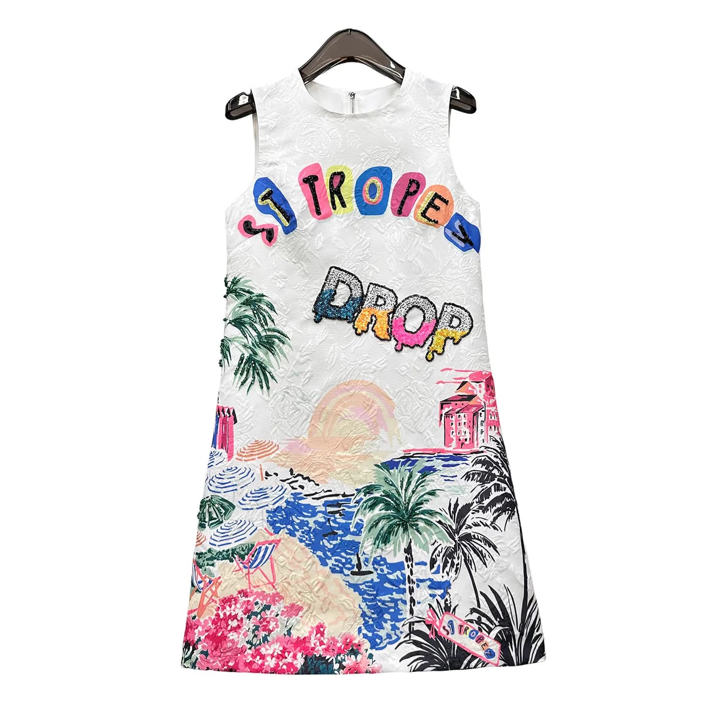 Robe trapèze d'été sans manches pour femme, imprimé tropical, jacquard perlé, coupe ajustée, chic dé