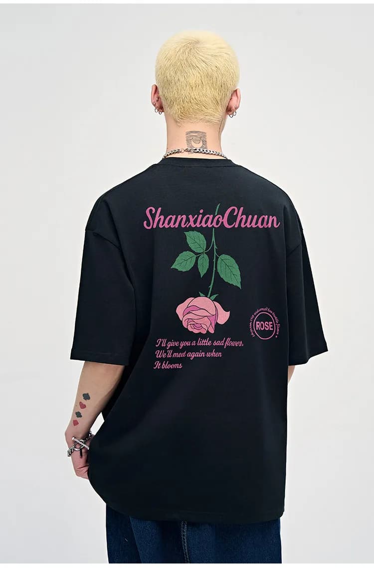 T-shirt rétro à manches courtes avec motif rose et style américain, coupe ample et épaisse pour homm