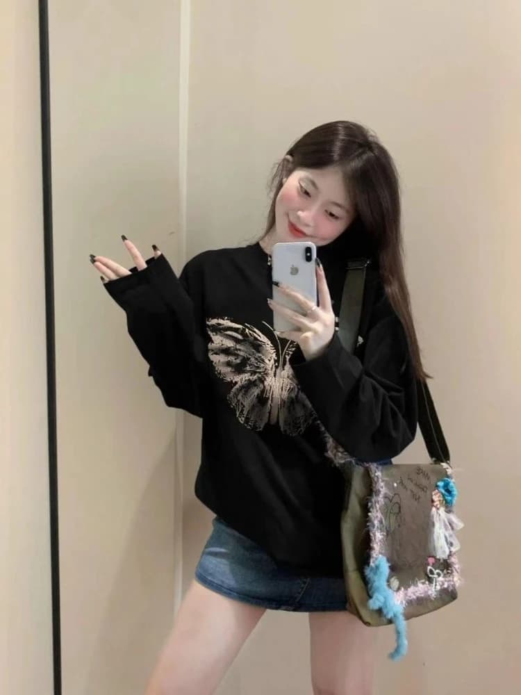 T-shirt ample à manches longues pour femmes, 100% coton, imprimé rétro, haut basique décontracté pou