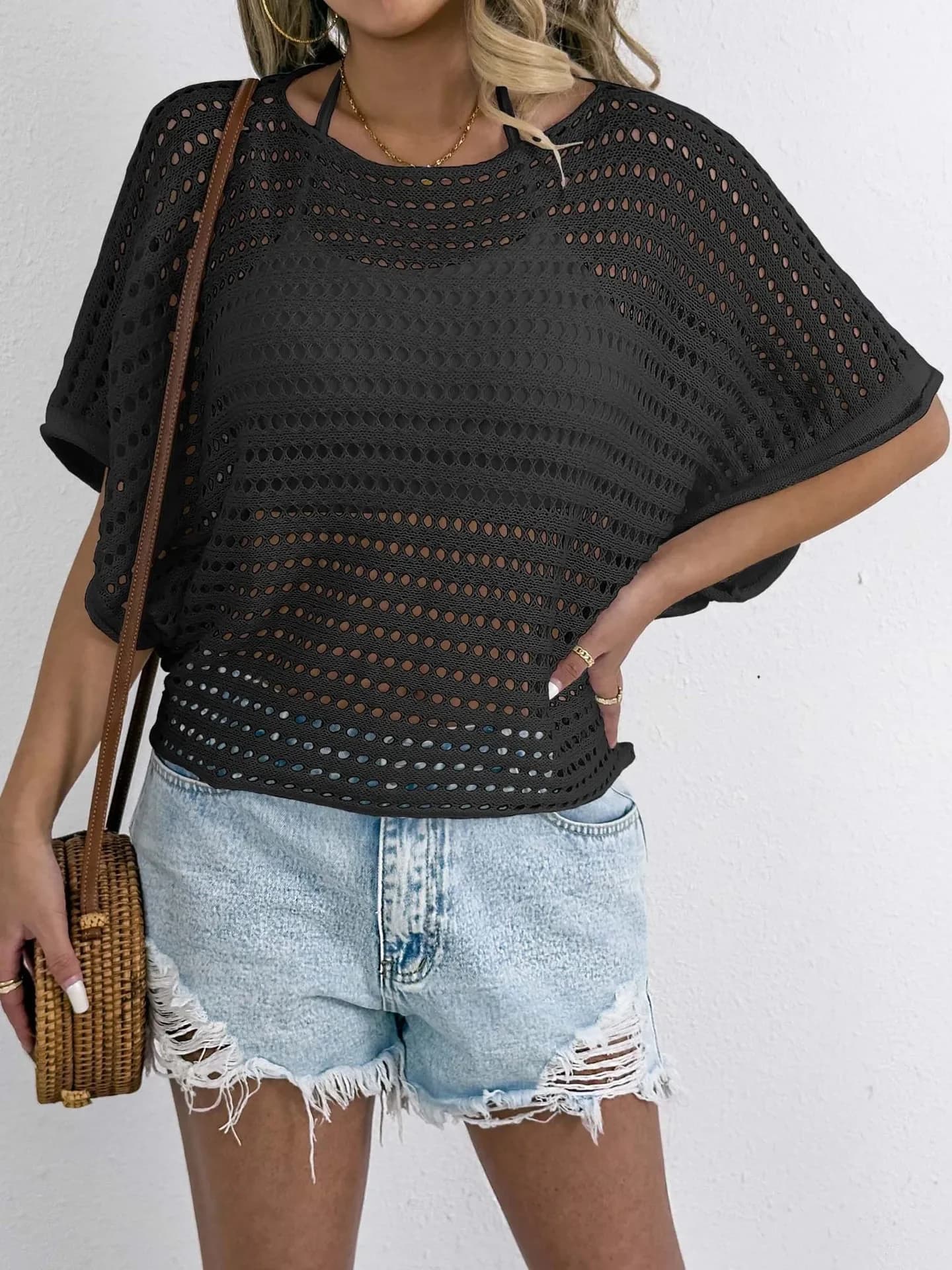 T-shirt décontracté pour femme à manches chauve-souris, tissé à la machine, ajouré, asymétrique, en