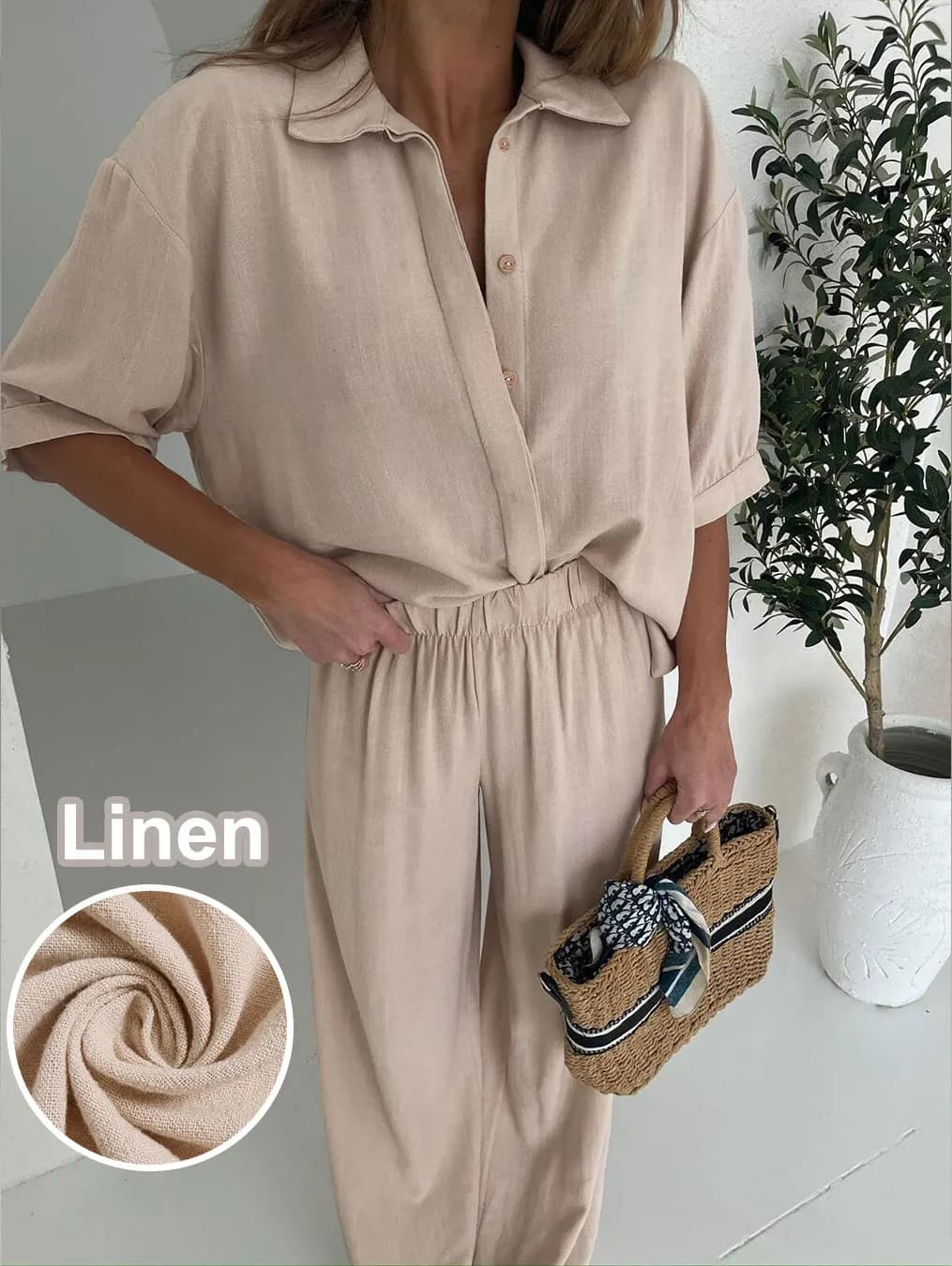 Ensemble chemise à manches mi-longues et pantalon long en lin pour femme, coupe décontractée et styl