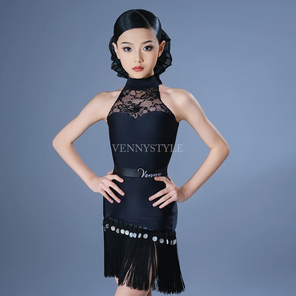 Vennystyle Vêtements de danse latine Haut en dentelle avec paillettes et jupe à franges, tenue d'ent