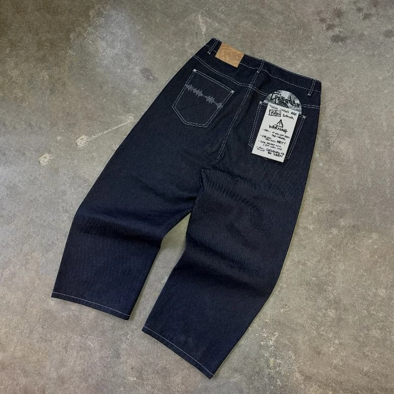 Jeans gothiques noirs tendance hip-hop, pantalon large brodé de disques pour hommes et femmes, jeans