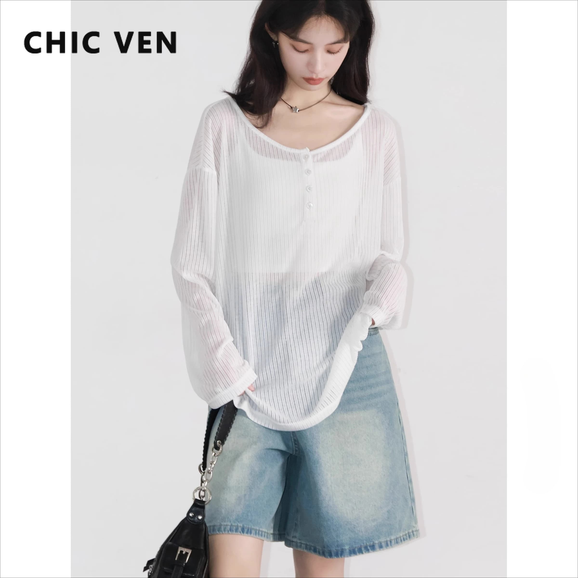CHIC VEN femmes T-Shirts décontracté ample nouveau légèrement Transparent col rond femme haut mince 