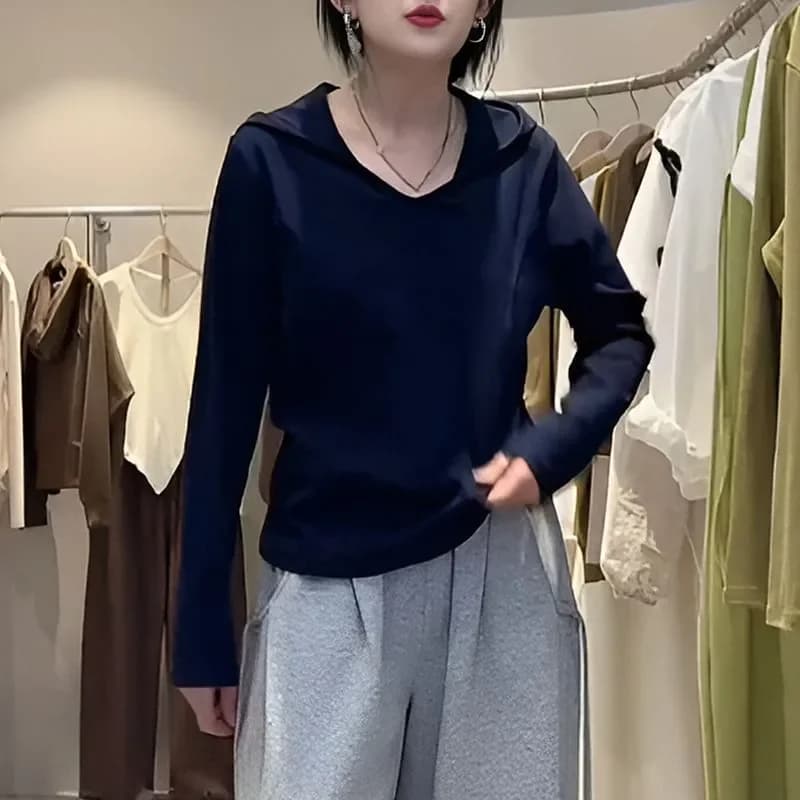 T-shirt à capuche à manches longues en arête de poisson pour femmes début d'automne nouveau haut amp