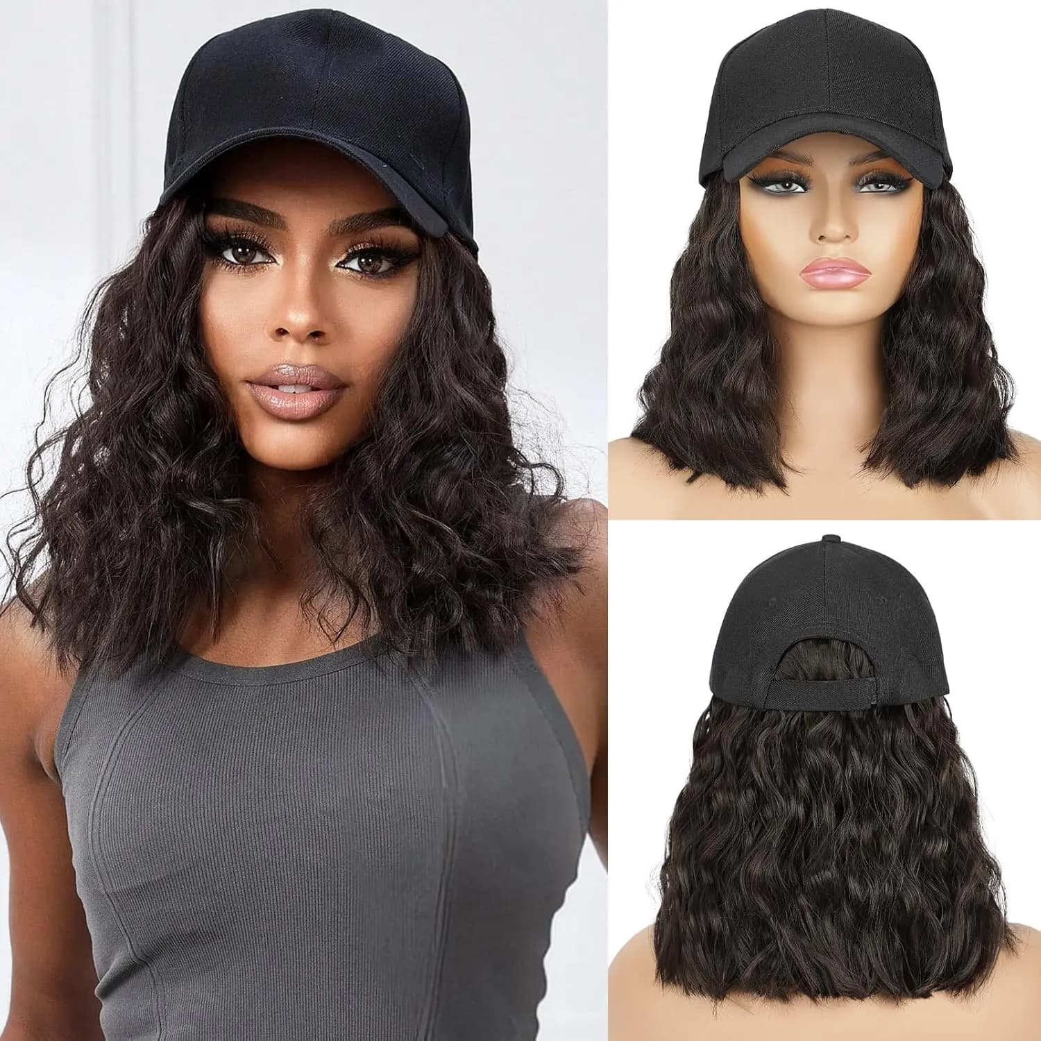 Perruque de chapeau pour femmes, casquette de perruque avec Extensions de cheveux bouclés, chapeau a
