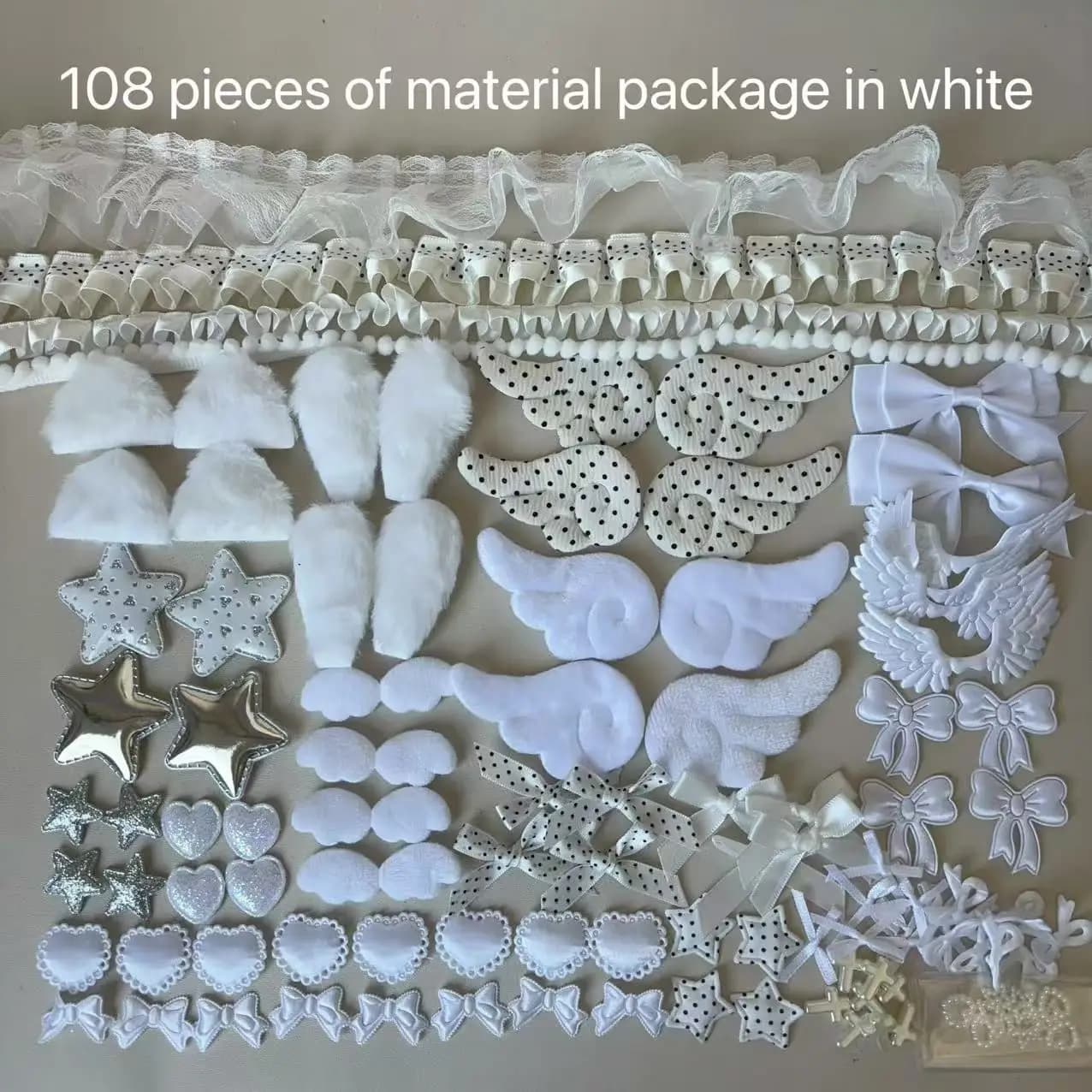 108 pièces d'accessoires en tissu faits à la main, rubans, pois, ailes, étoiles, divers accessoires 