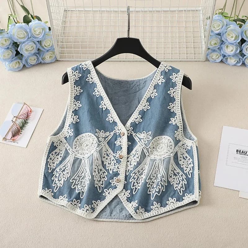 Boho Queens bohème Denim broderie florale jarretelle gilet frange veste Cowgirl gland gilet Vintage 