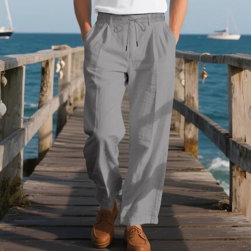 Nouveau Été hommes respirant couleur unie coton et lin cordon pantalon décontracté Style italien