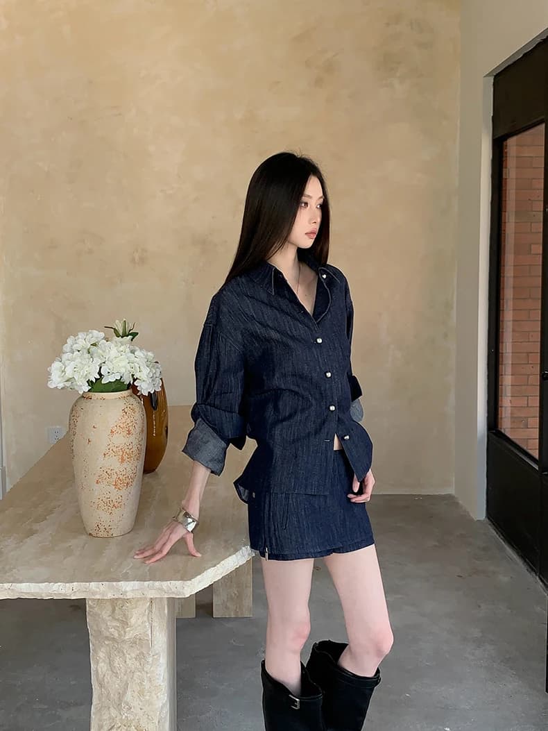 CHEERART Ensembles assortis en jean pour femmes, tenues deux pièces, chemise en jean bleue et jupe-s