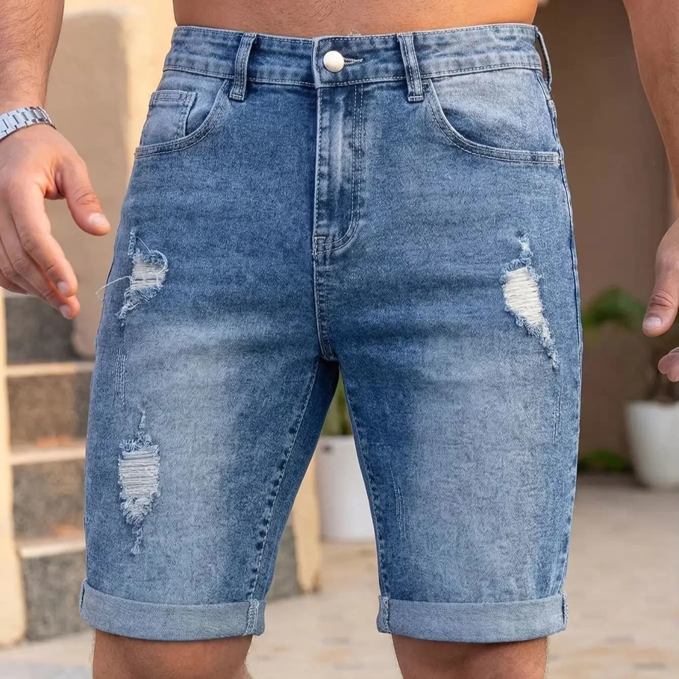Shorts en jean pour hommes, délavé moyen, déchiré et vieilli, style streetwear décontracté, ourlet r