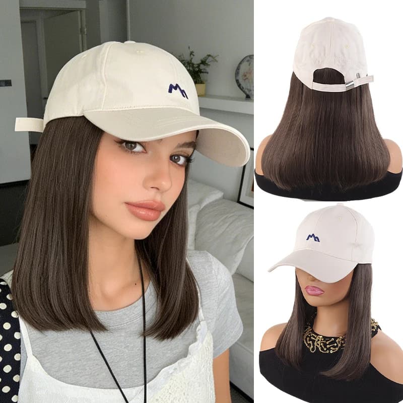 Casquette de baseball beige avec cheveux synthétiques raides mi-longs – Chapeau perruque intégré pou