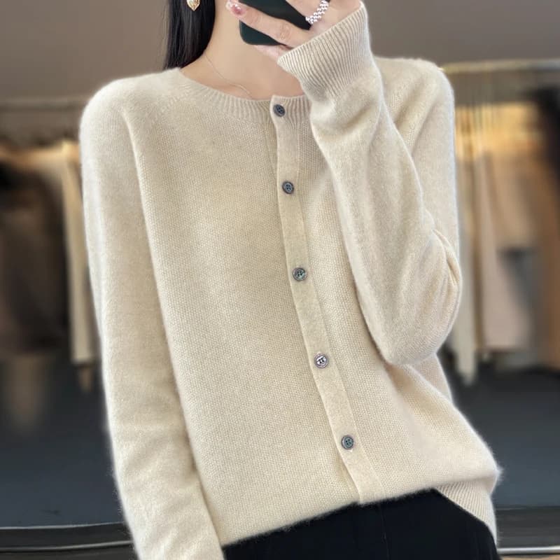 Cardigans en laine mérinos pour femmes, pull en cachemire, col rond, manches longues, tricot, vêteme