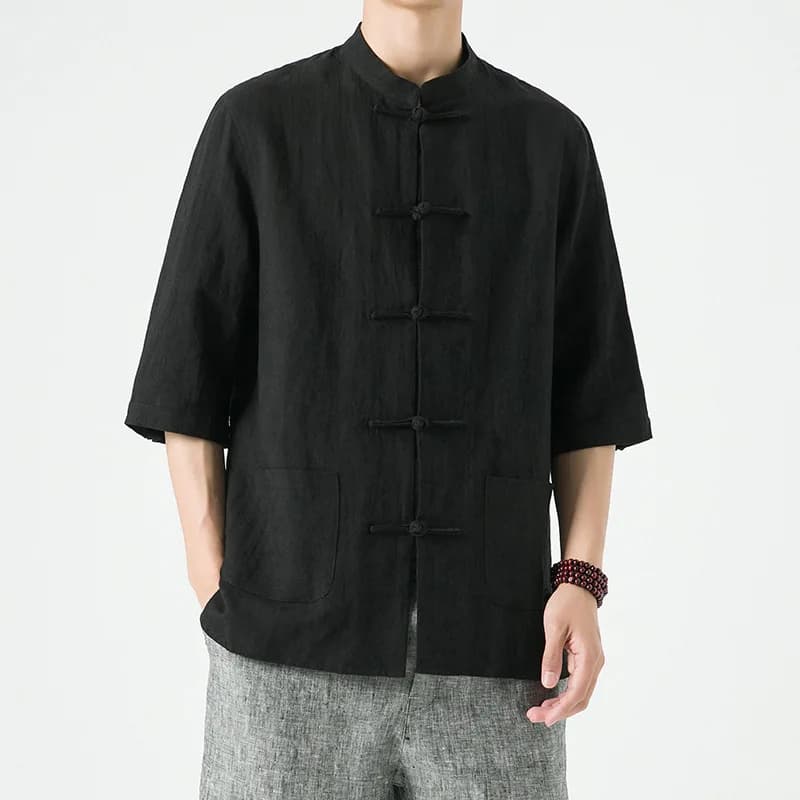 Chemise en lin beige pour homme avec col mandarin et boutons à pression