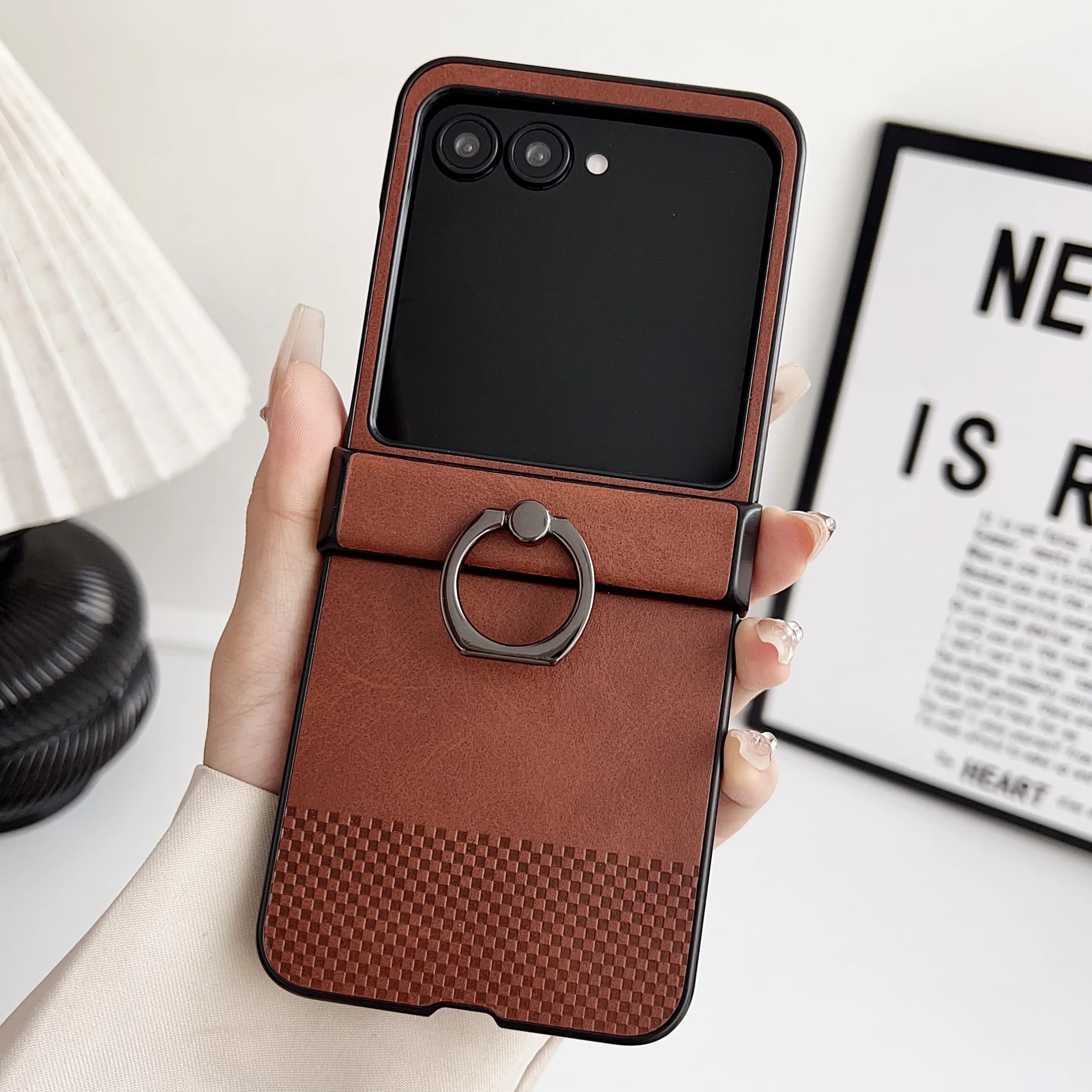 Coque de téléphone à Texture de treillis de luxe avec anneau de support, étui arrière de protection