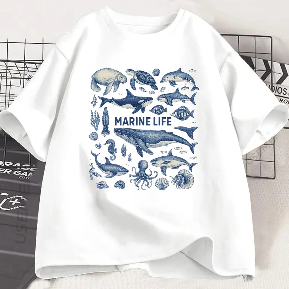 T-shirt Vintage Vie Marine : Requin Baleine, Illustration Biologie Océanique, Décontracté, École, To