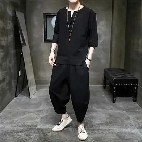Ensemble 2 pièces T-shirt homme été en chanvre à manches 3/4, style chinois, coton et chanvre, vêtem
