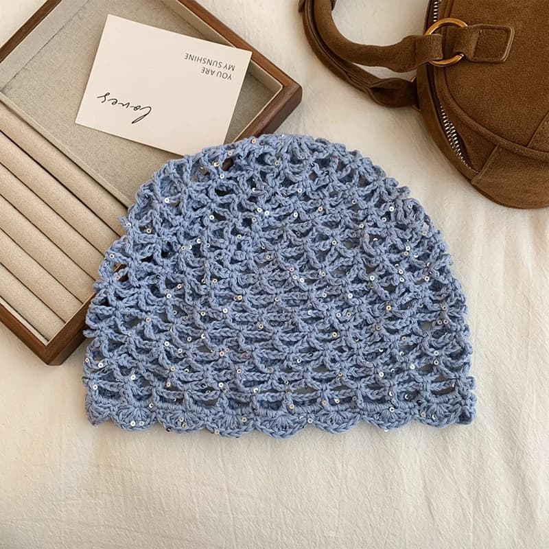 Chapeau en crochet ajouré à sequins tricoté à la main pour femme, bonnets à sequins printemps-été, c