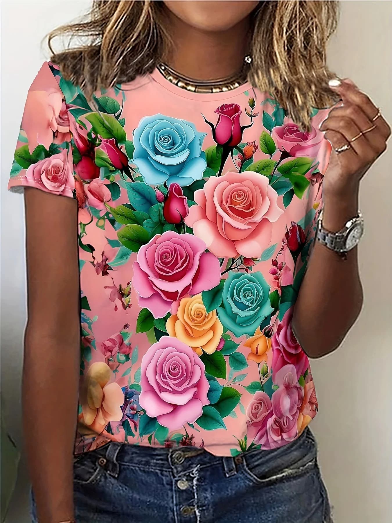 T-shirt rose pastel pour femme - Motif graphique rose multicolore vibrant, design floral audacieux p