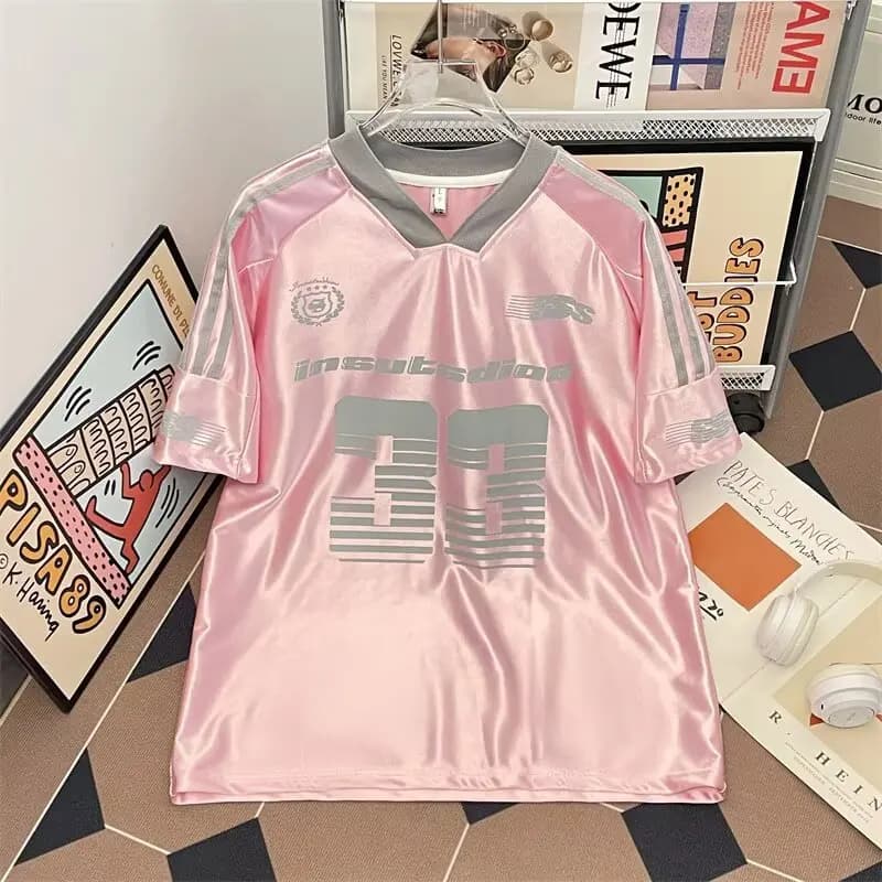 T-shirt de baseball à imprimé numérique coupe ample, col en V, manches courtes, unisexe, streetwear 