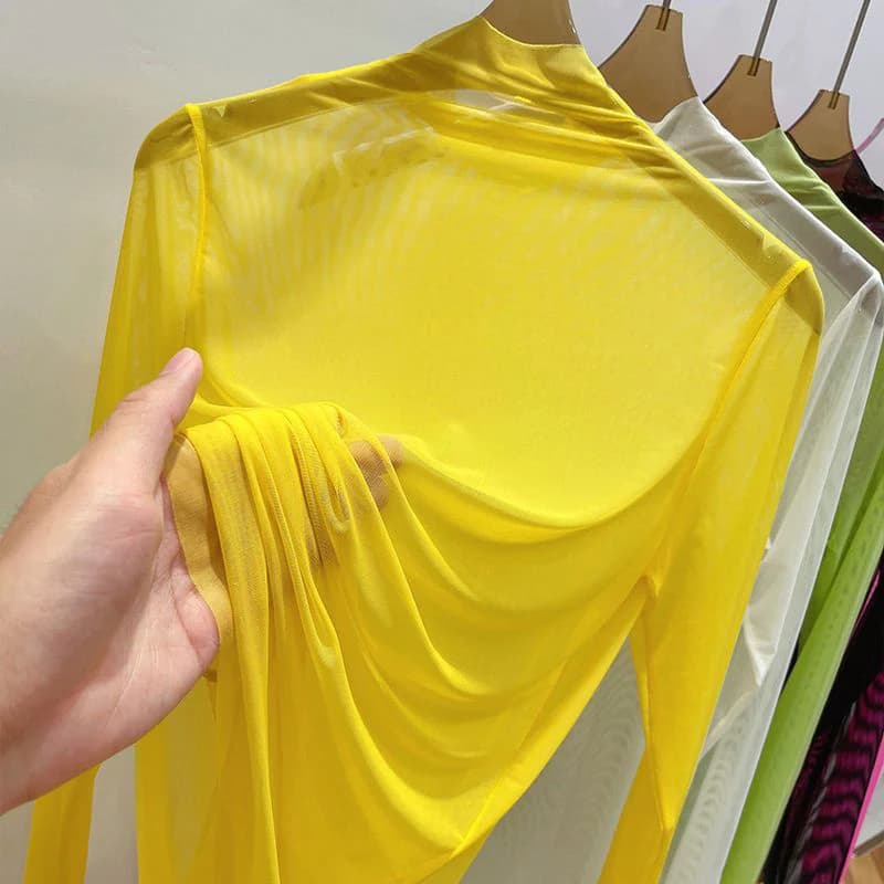 T-shirt transparent en gaze pour femme 2026 – Vêtement d'été à manches longues avec col semi-montant
