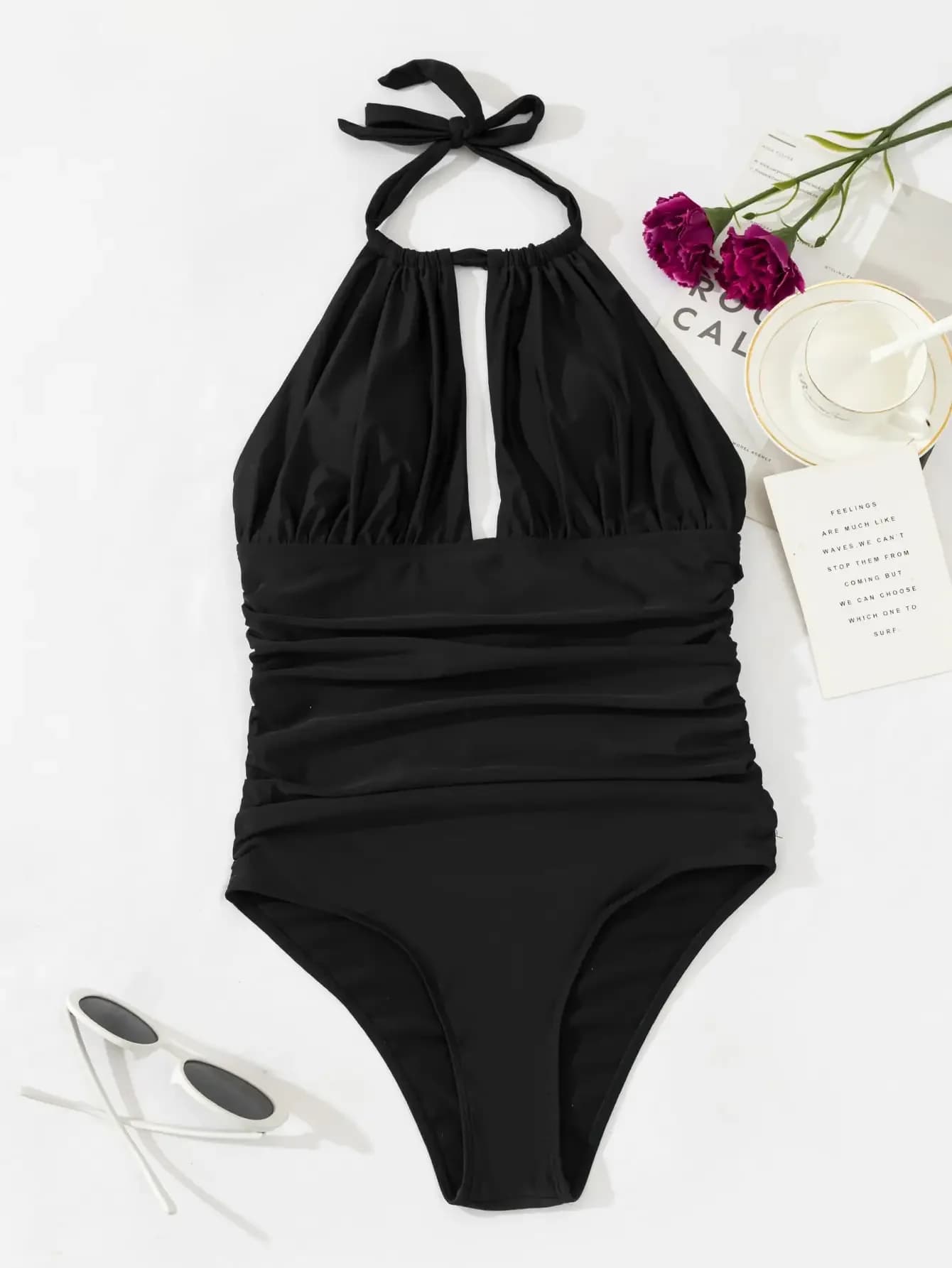2025 froncé licou maillot de bain une pièce Sexy col haut maillots de bain femmes solide baigneurs m