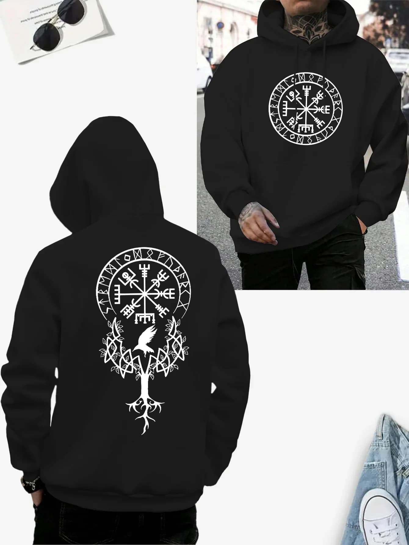 Sweat à capuche noir avec runes Viking et arbre imprimé Yggdrasil Life - Streetwear mythique nordiqu