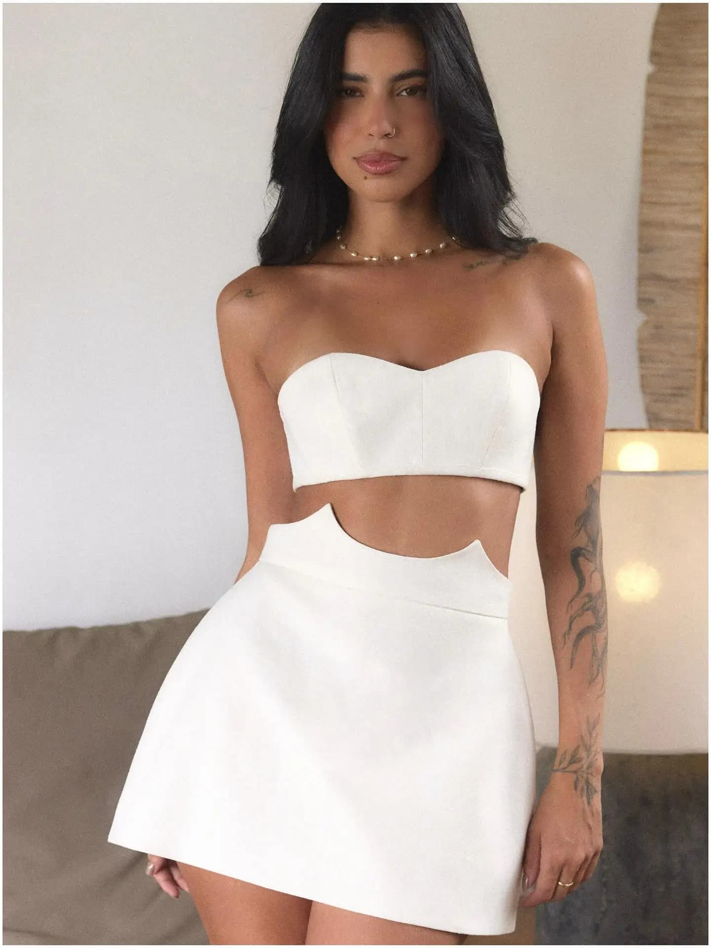 Ensemble chic minimaliste, haut court élégant et sexy, jupe mini évasée, tenue de rue pour femmes, p
