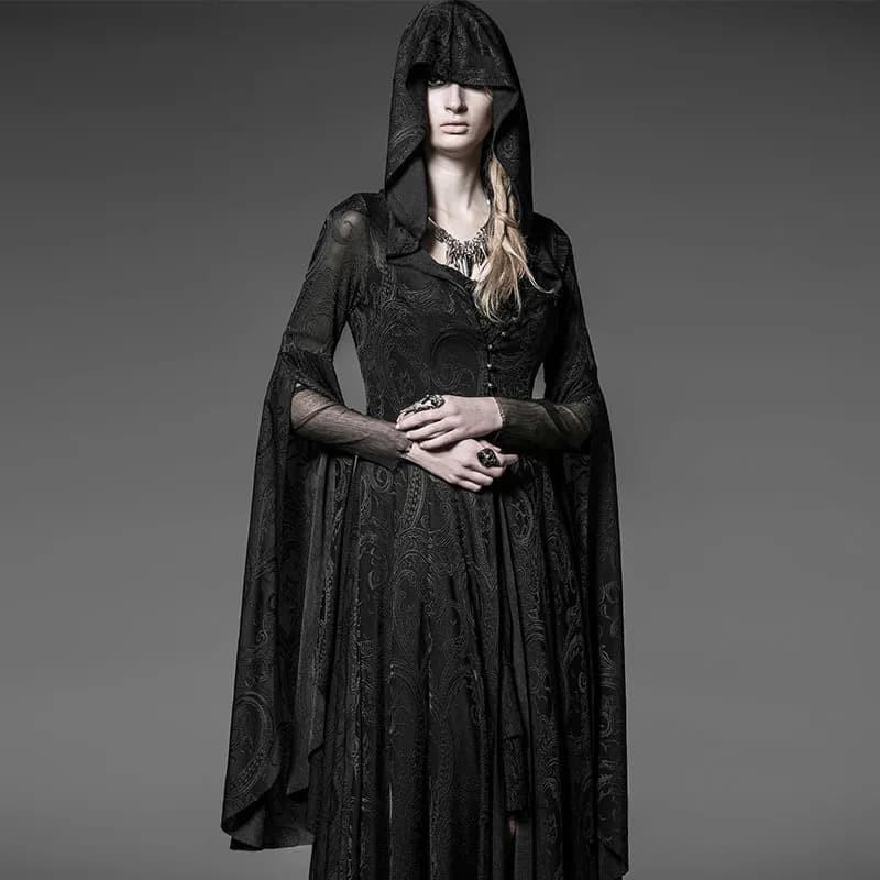 Robes gothiques à capuche noires foncées, longueur au sol, robes évidées, sorcière Dark Queen Cos, v