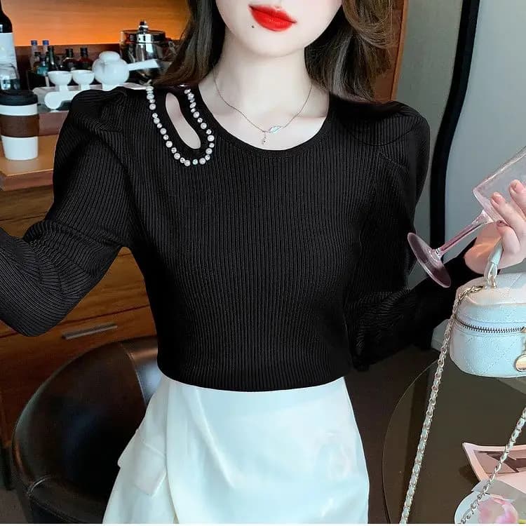 Chemise de Base à manches bouffantes pour femmes, pull à perles creuses, sous-vêtements Slim, haut à