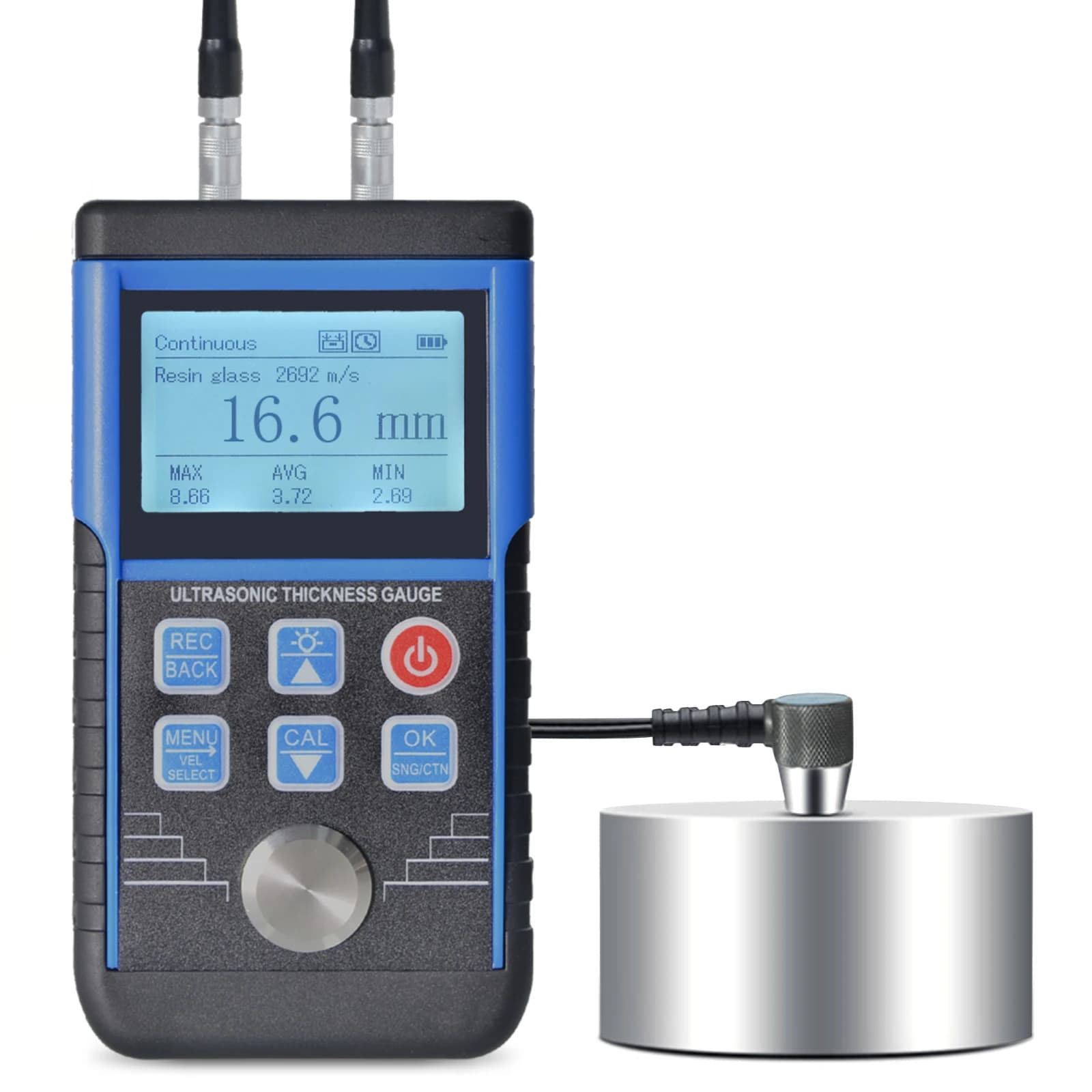 Jauge d'épaisseur ultrasonique 0,8-500 mm, haute précision ±0,05 mm avec sonde 5 MHz φ10 mm, résolut