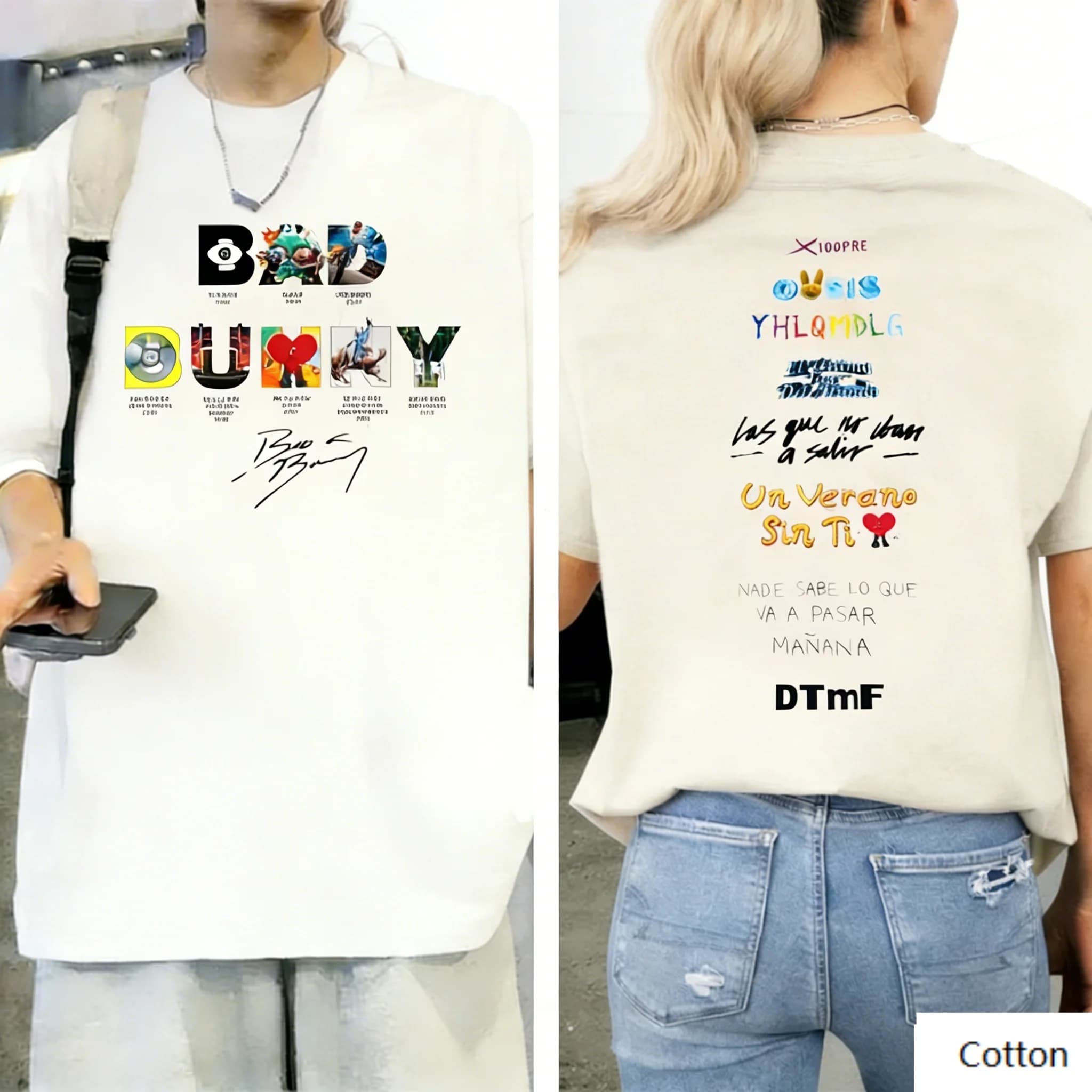 T-shirt graphique double face Bad Bunny Albums Collage, 100% coton unisexe, streetwear musique latin