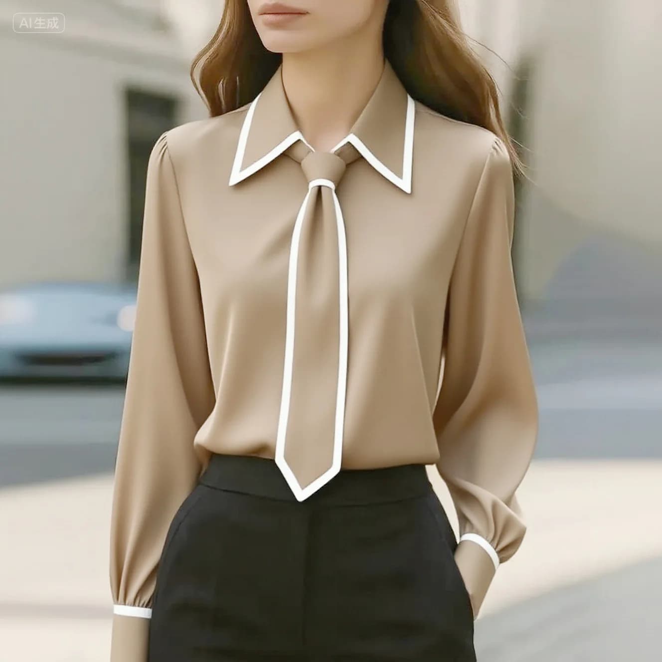 Chemisier pour femmes, chemise à la mode, nœud papillon formel, manches longues, garniture contrasté