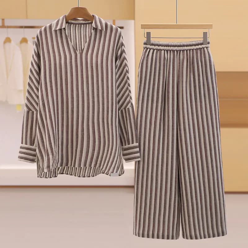Ensemble deux pièces SuperAen style décontracté : chemise rayée ample et pantalon droit – Collection