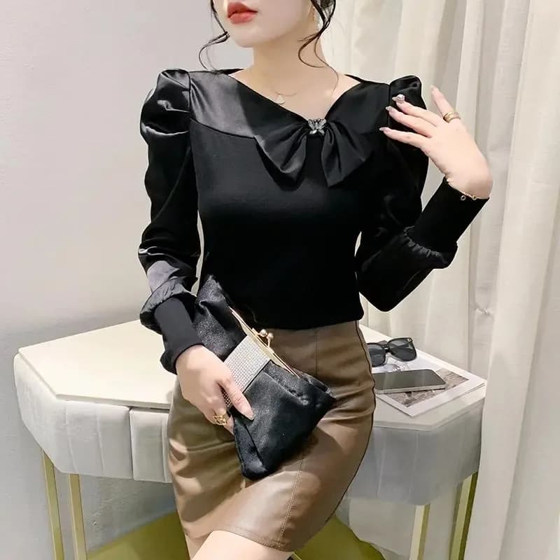 Mode manches bouffantes T-shirt femmes à manches longues printemps automne Style européen haut avec 
