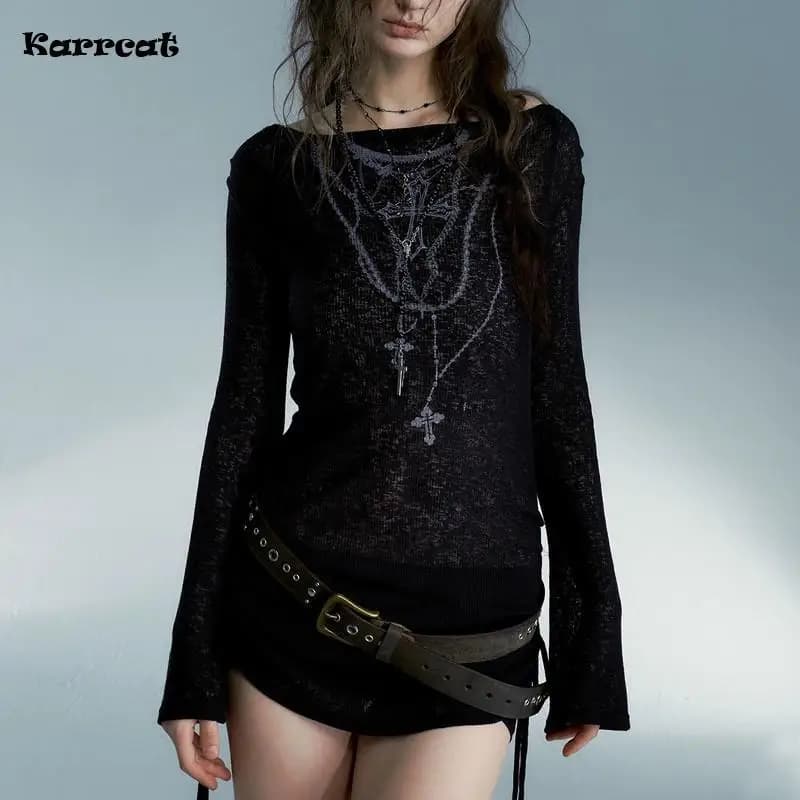 Karrcat Grunge esthétique tricoté hauts Vintage tatouage impression T-shirt Wasteland Punk noir côte