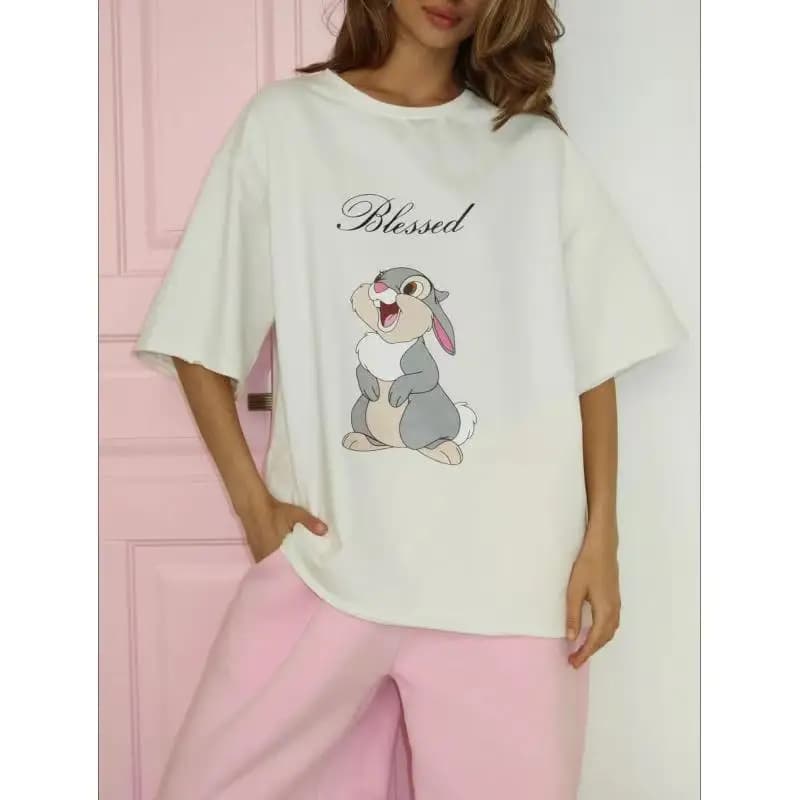 Kawaii lapin imprimé blanc 100% coton américain décontracté Streetwear femmes t-shirt à manches cour