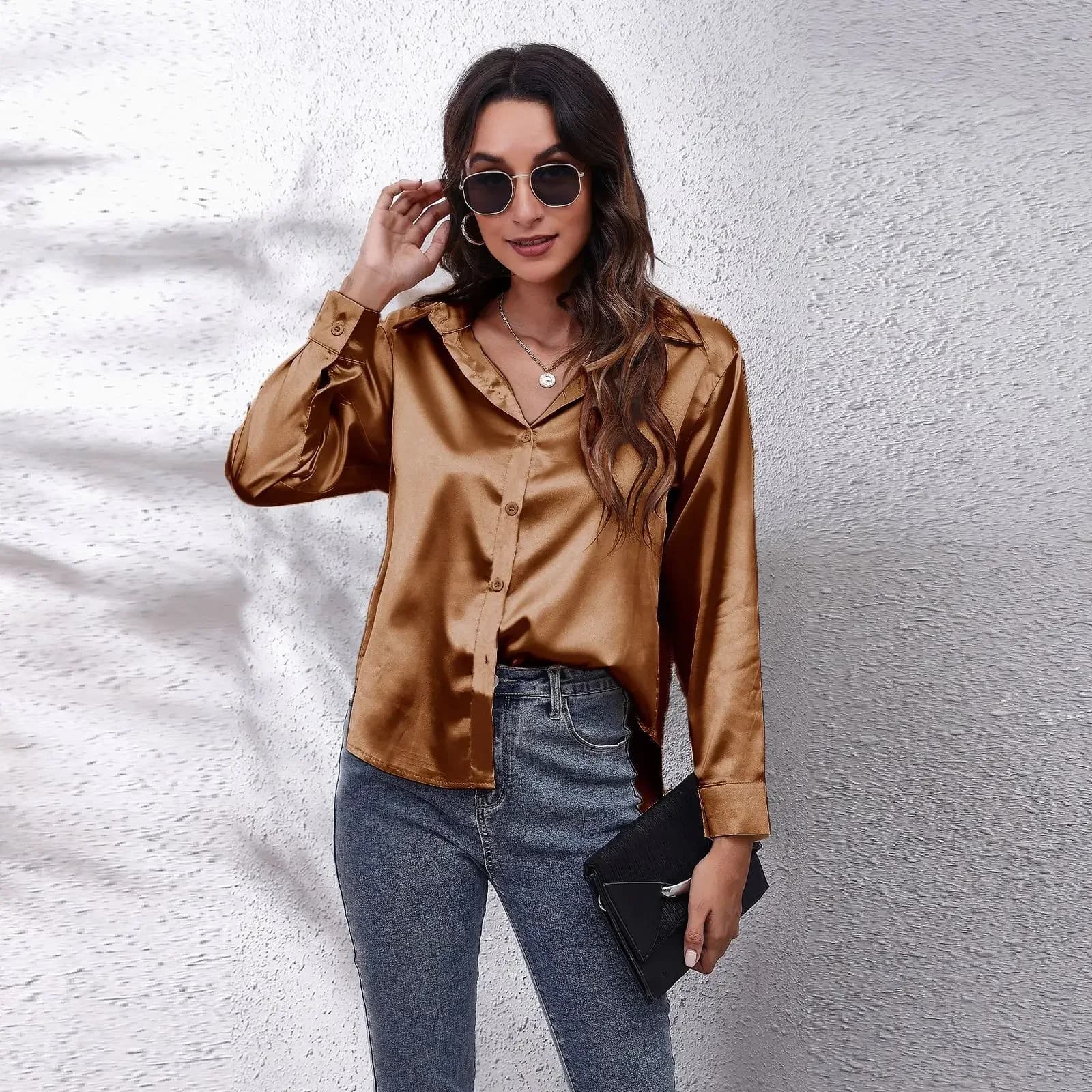 Chemise unie tendance pour femme à manches longues, col en V, en satin imitation soie, style urbain,