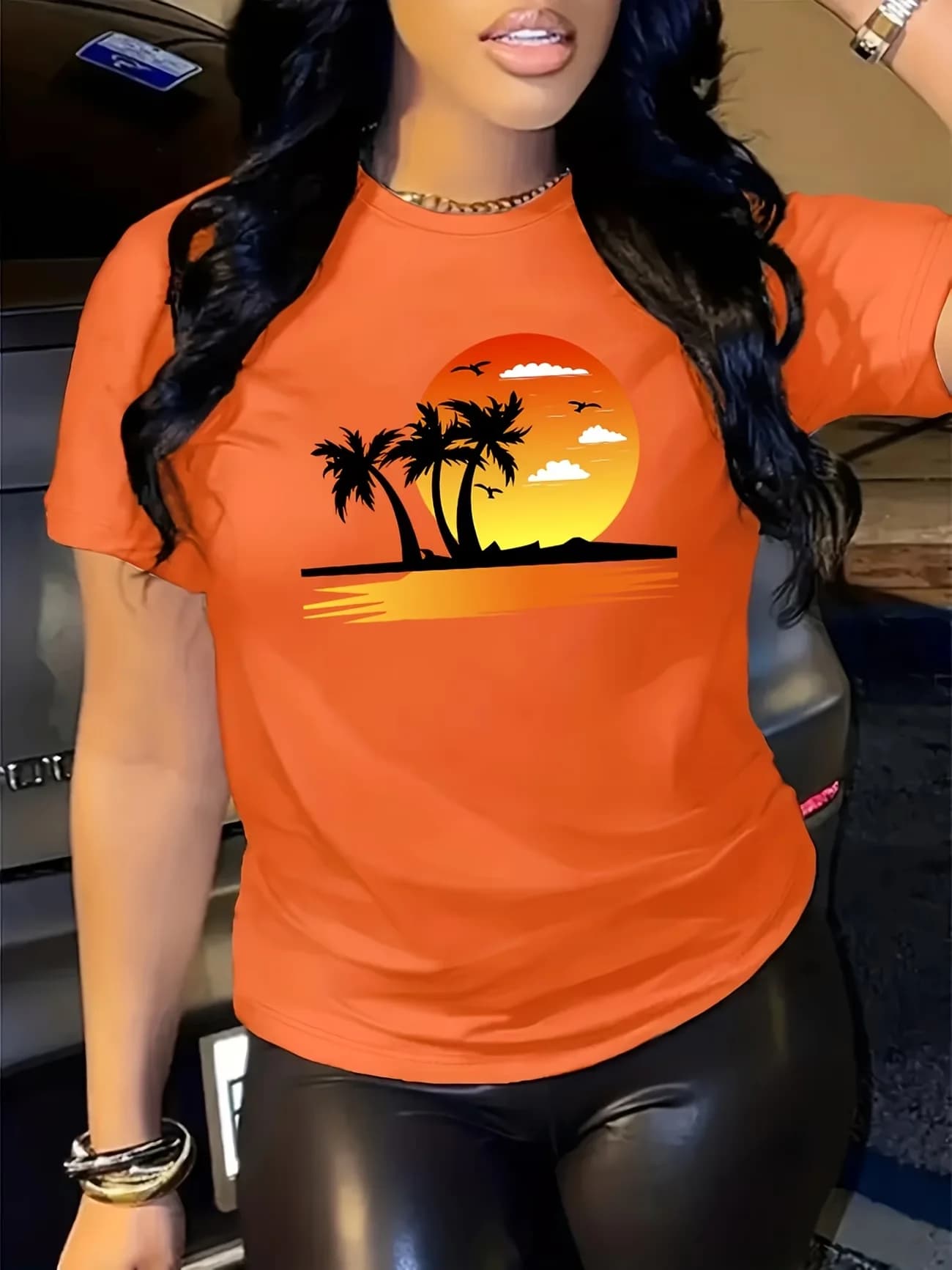 T-shirt imprimé palmiers et coucher de soleil tropical pour femme, rouge, décontracté, à manches cou