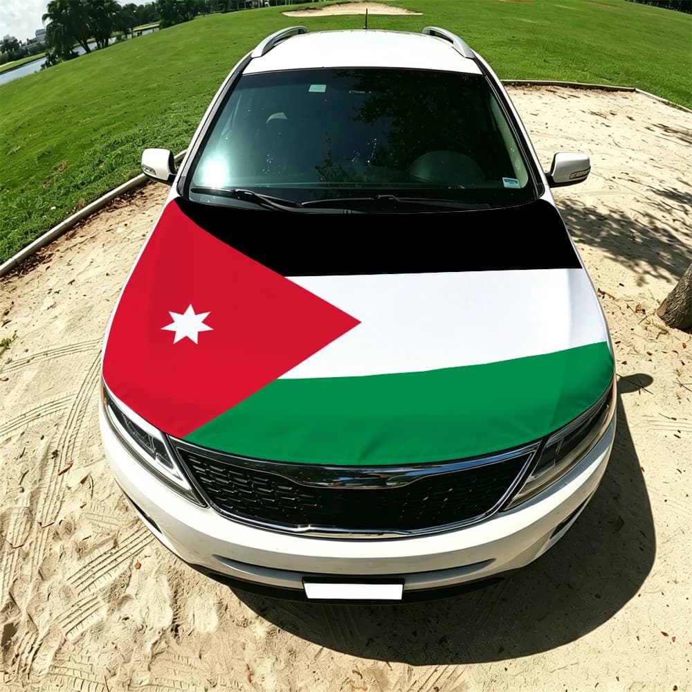 Housse de capot de voiture avec drapeau de la Jordanie 130x160cm, bannière patriotique élastique cou