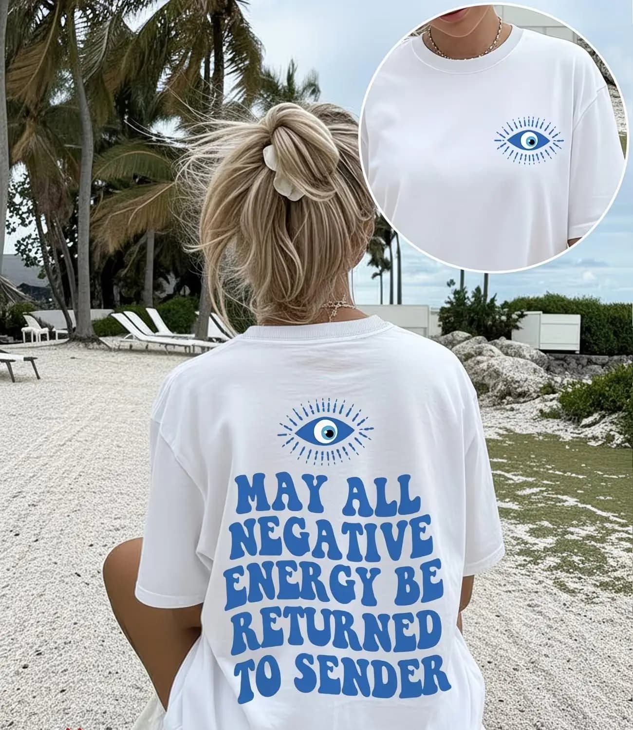 T-shirt graphique œil porte-bonheur avec slogan « Que toute énergie négative soit retournée au lance