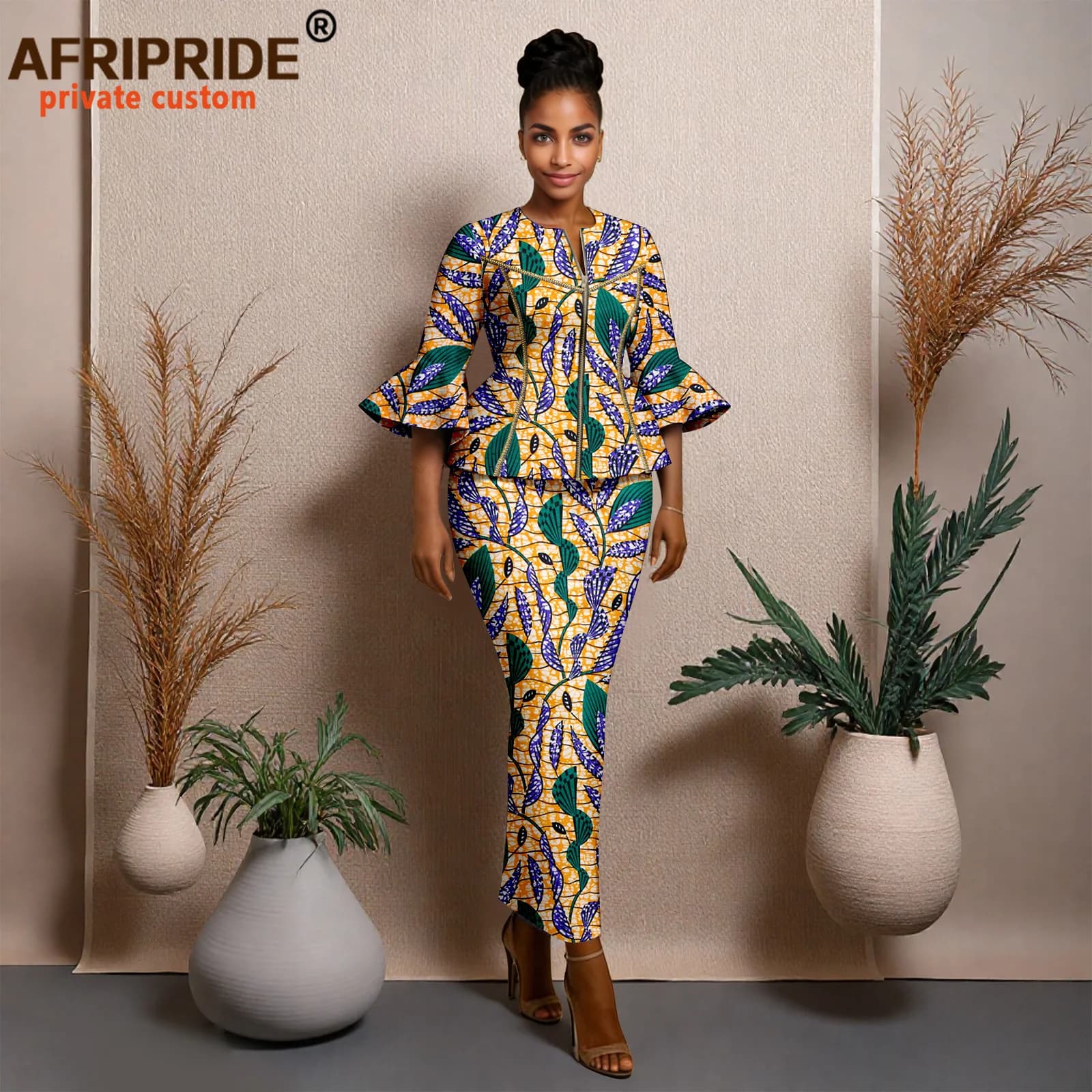 Vêtements africains pour femmes, chemises à demi-manches avec fermeture éclair et jupes mi-longues, 