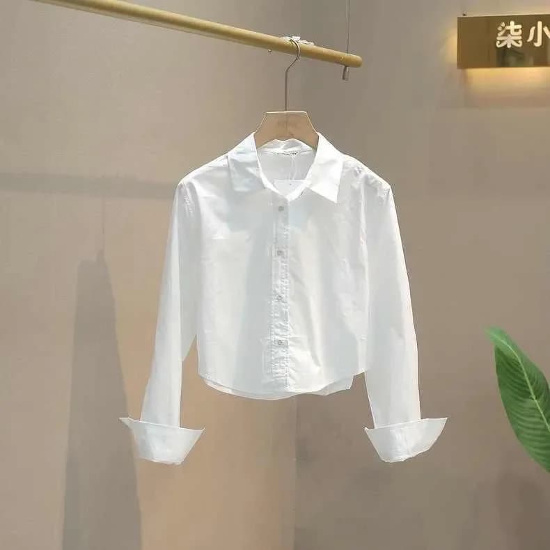 Chemise courte bleu clair pour femmes avec manches longues et col rabattu pour un usage quotidien dé