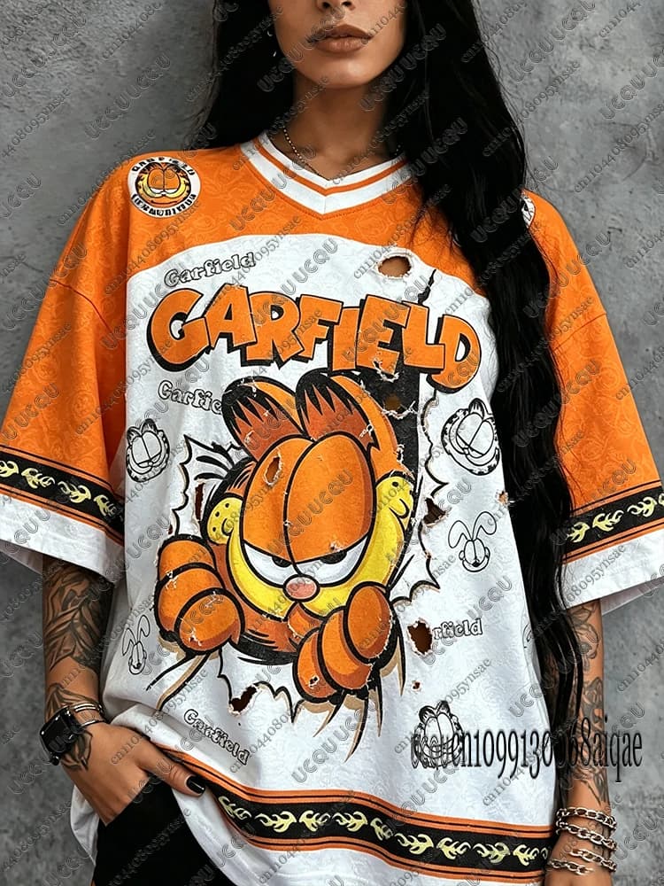 T-shirt d'été à motif de dessin animé Garfield pour femmes, décontracté, respirant, à manches courte