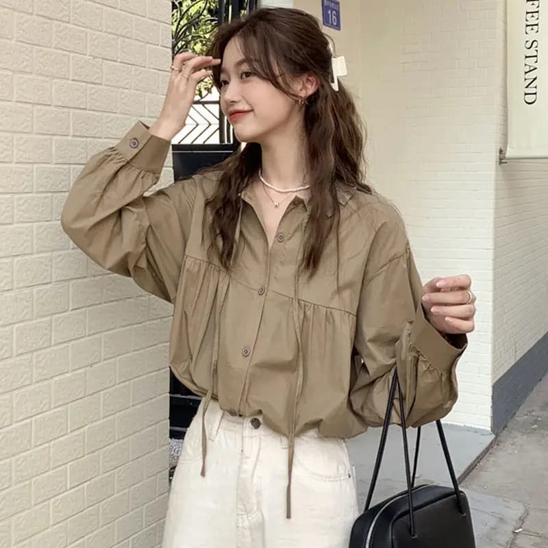 Coréen laçage à manches longues solide bouton Blouse simplicité tout-match mode chemise hauts printe